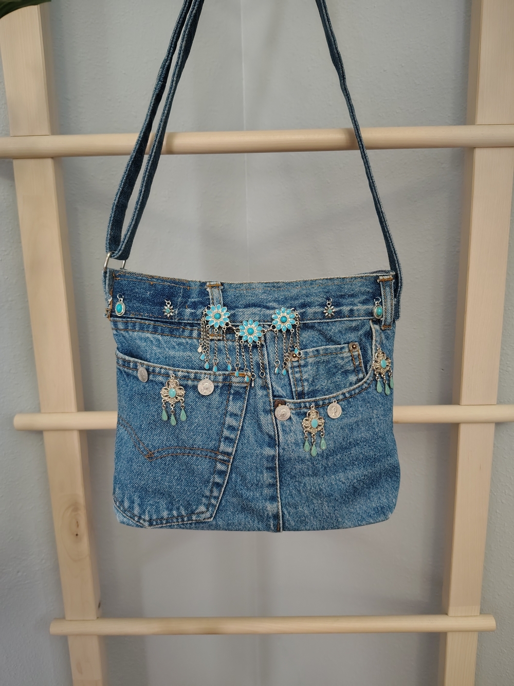 Handmade Y2k Boho Western Denim Crossbody Shoulder Bag with Bead Accents - Blue - Picture 4 of 14